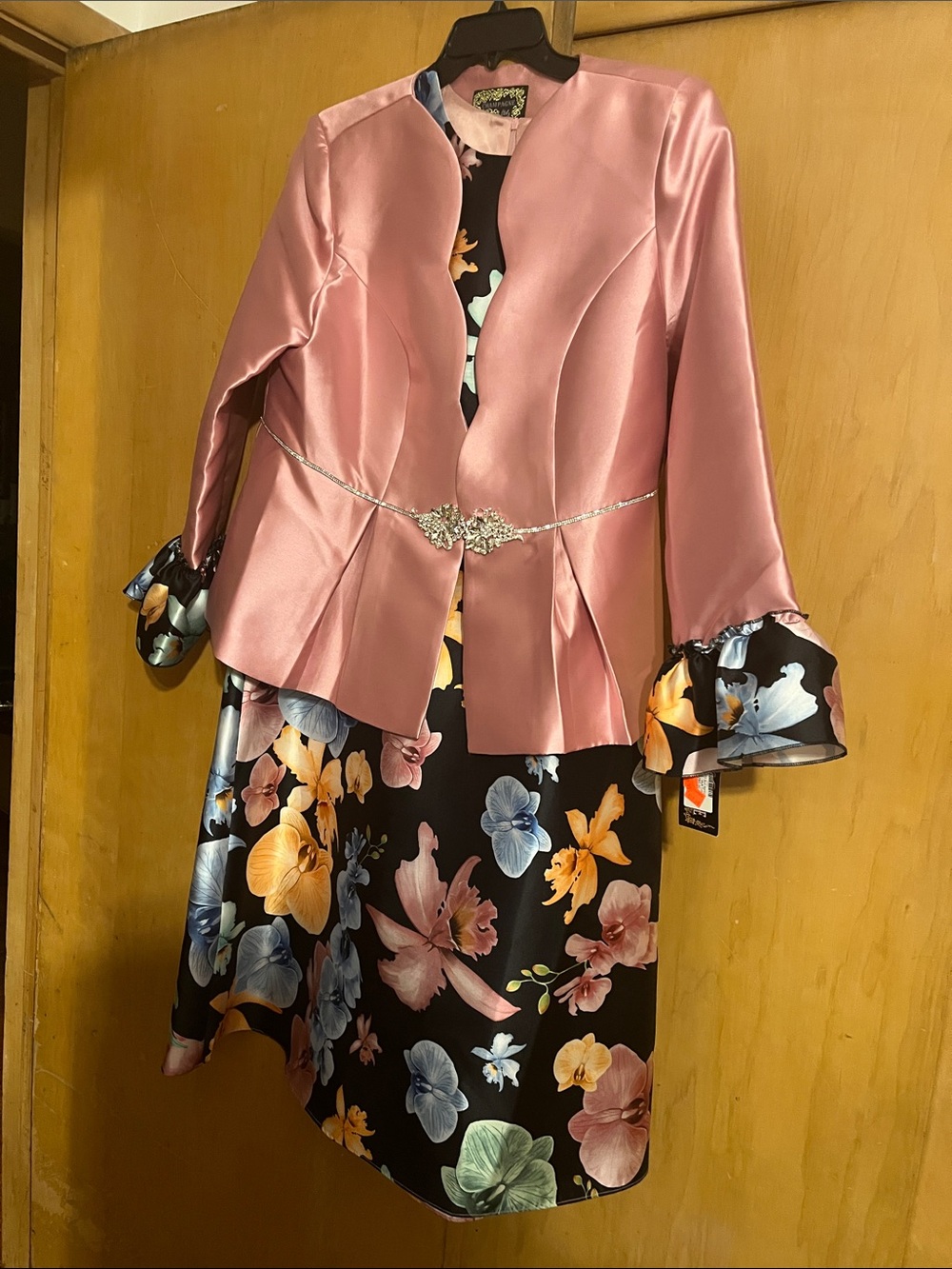 Champagne Pink Satin Jacket with Floral Dress Accent
